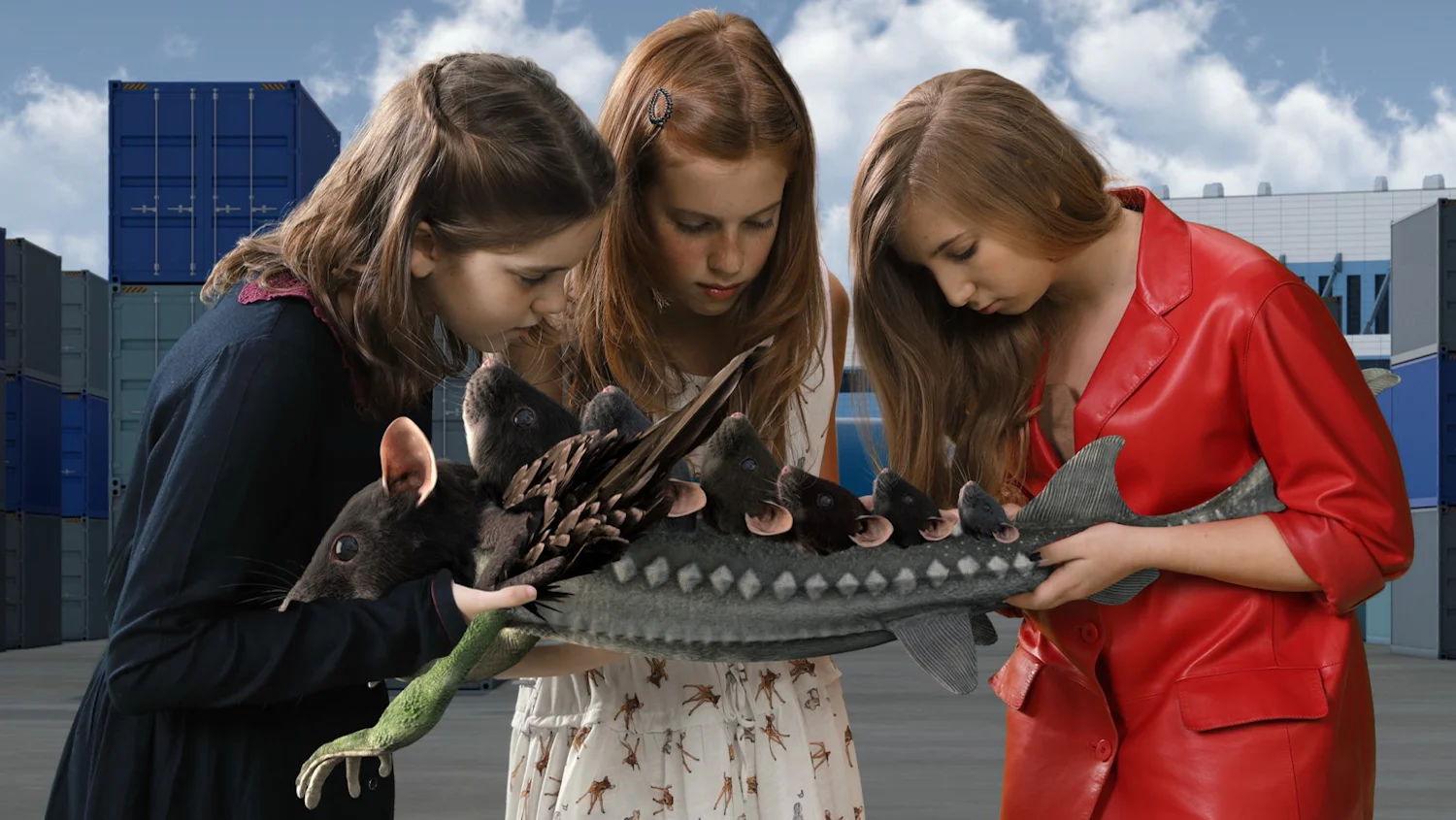 three girls are looking at a lizard in front of a shipping container