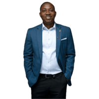 a man in a blue suit posing for a photo