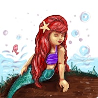 a little mermaid laying on the ground with bubbles