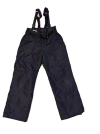 a black snow pants with suspenders on a white background
