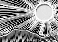 a black and white drawing of a sun over a mountain