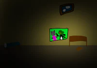 a cartoon image of a room with a bed and a tv