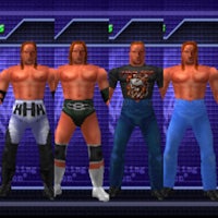 four wrestlers standing in front of a screen