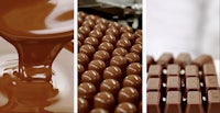 four pictures of chocolate being made in a factory