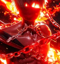 a character with red hair and chains in front of a fire
