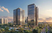 two tall buildings in the middle of a city