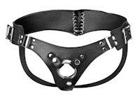 a black leather harness with metal buckles