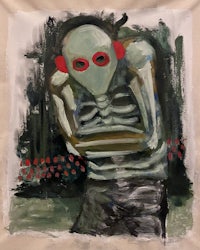 a painting of a skeleton with red eyes