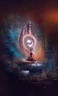 a painting of a person sitting on a platform in the middle of a city