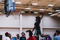 a group of people playing basketball in a gym