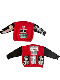 two red and black sweatshirts with different designs on them