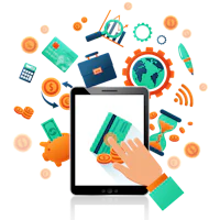 a hand holding a tablet with a credit card surrounded by other icons