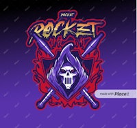 a logo with a skull and crossed swords on a purple background