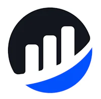a blue and black logo with a bar graph