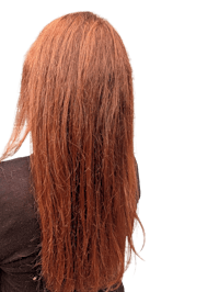 the back of a woman with long red hair