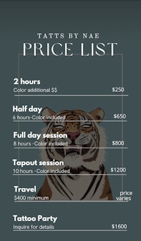 tattoos by nae price list- screenshot