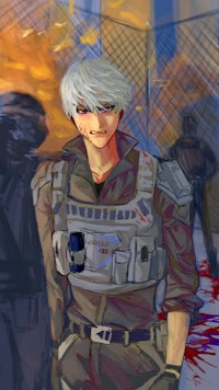 an anime character with white hair standing in front of a fire