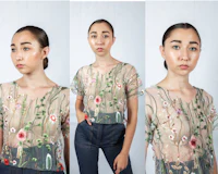 a woman wearing a blouse with flowers on it