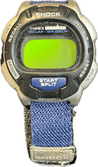a digital watch with a blue strap
