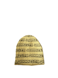 a yellow beanie with a black and white pattern