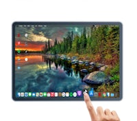 a hand is pointing at an apple ipad