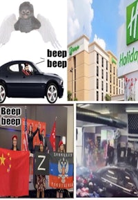 a collage of pictures showing a car, a car, and a hotel