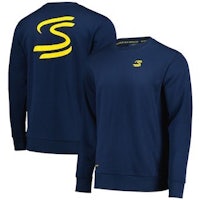 a navy sweatshirt with a yellow logo on it