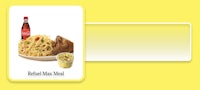a yellow card with a picture of noodles and a bottle of coca cola