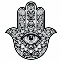 a black and white hamsa hand with an eye on it