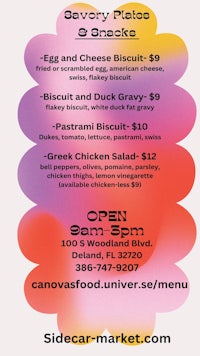 a flyer for savoury plates and snacks at the sidecar market