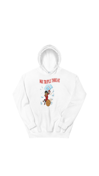 a white hoodie with an image of a teddy bear