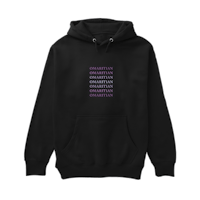 a black hoodie with purple letters on it