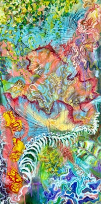 an abstract painting of colorful flowers and leaves