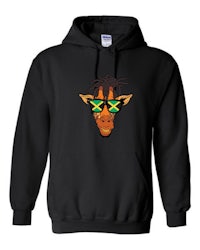 a black hoodie with an image of a giraffe wearing sunglasses