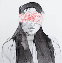 a drawing of a woman with a blindfold on her face