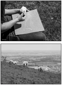 two black and white pictures of a man drawing on a hill