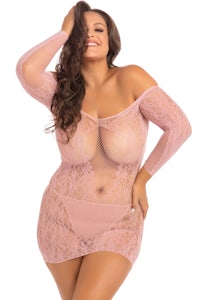 a plus size woman in a pink lace bodysuit