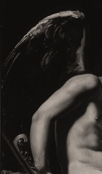 a black and white painting of an angel with wings