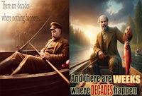 two men in a boat with the words there are weeks where deals happen