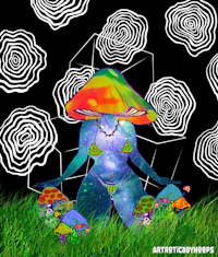 an image of a woman sitting in the grass with a mushroom on her head