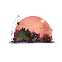 an illustration of a landscape with trees and a sun