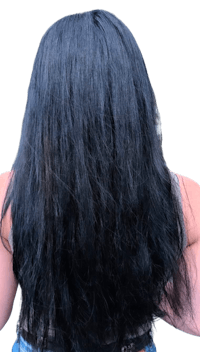 the back view of a woman with long black hair