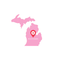 a pink map of michigan with a pin on it