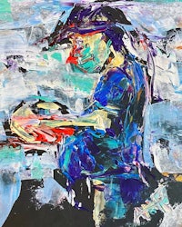 a painting of a man in a blue shirt