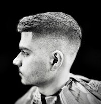 a black and white photo of a man with a fade haircut