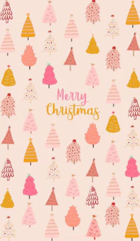 merry christmas card with pink and yellow trees