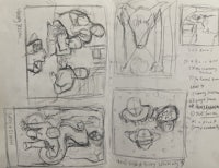 a sketchbook with several drawings on it