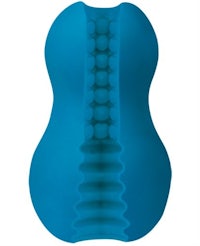 the back of a blue shaped body pillow