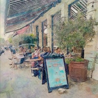 a watercolor painting of people sitting outside a cafe