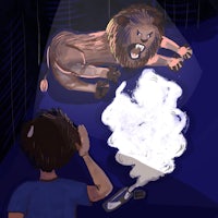 a man is taking a picture of a lion